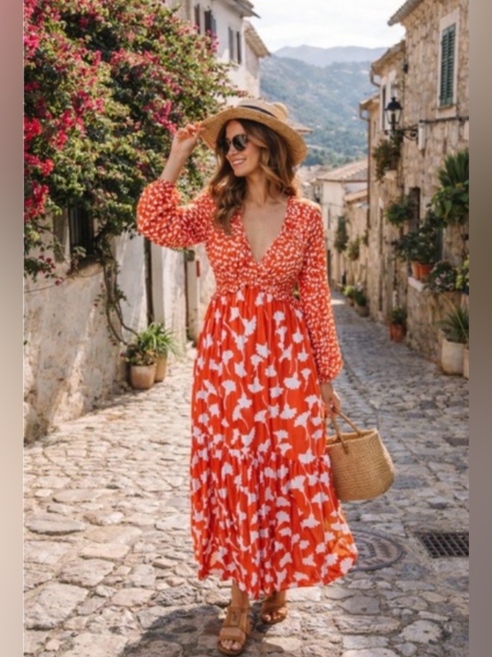 Diane Von Furstenberg Coral and White Floral Print Maxi Dress Size Large